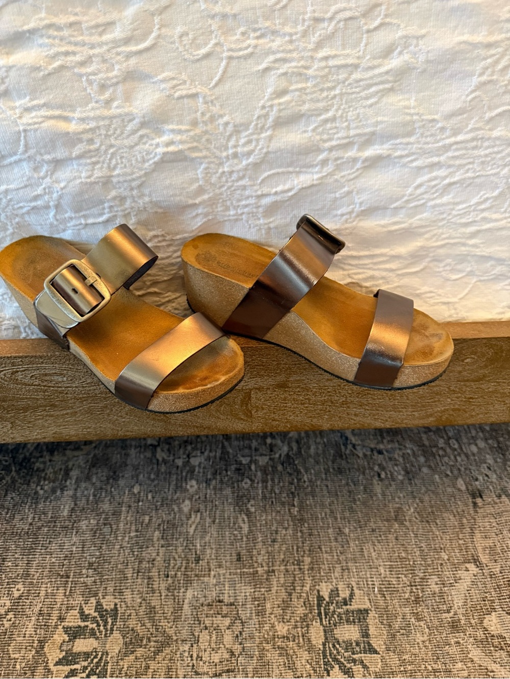 Eric Michael Metallic Bronze Double-Strap Wedge Sandals